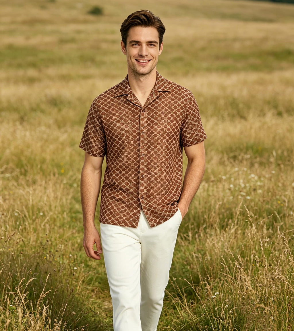 BOGARI Men Crochet Shirt Hollow Out Knit Stripe Summer Beach Button Down Sheer Lace Shirts Casual Cuban Textured Tops