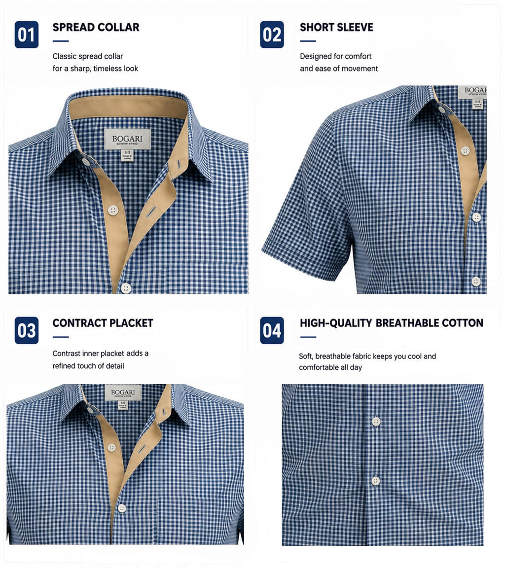 BOGARI Men's Short Sleeve Casual Shirts 100% Cotton Cooling Button Down Untucked Shirt for Summer Office Beach Daily