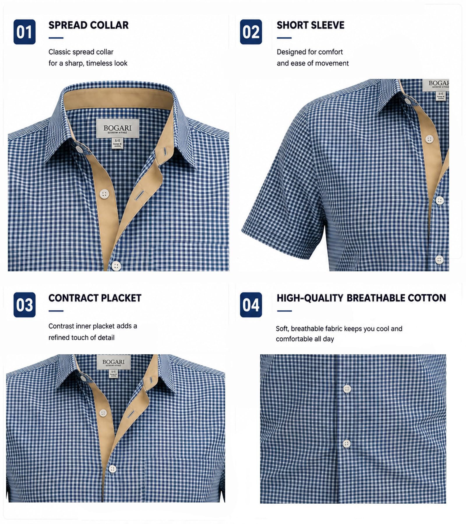 BOGARI Men's Short Sleeve Casual Shirts 100% Cotton Cooling Button Down Untucked Shirt for Summer Office Beach Daily