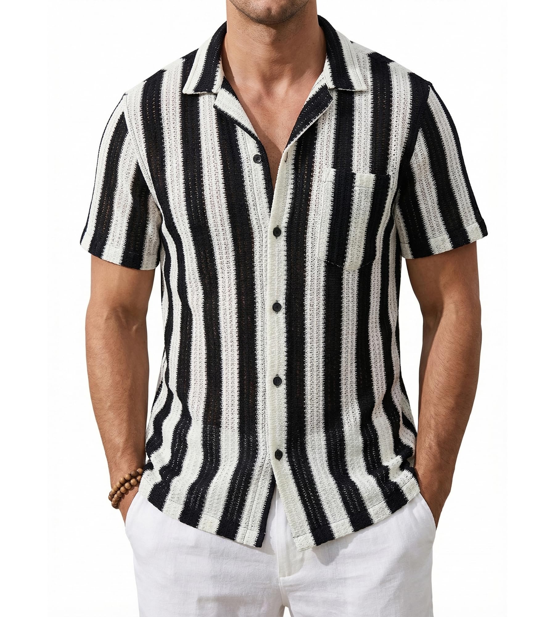BOGARI Men Crochet Shirt Hollow Out Knit Stripe Summer Beach Button Down Sheer Lace Shirts Casual Cuban Textured Tops