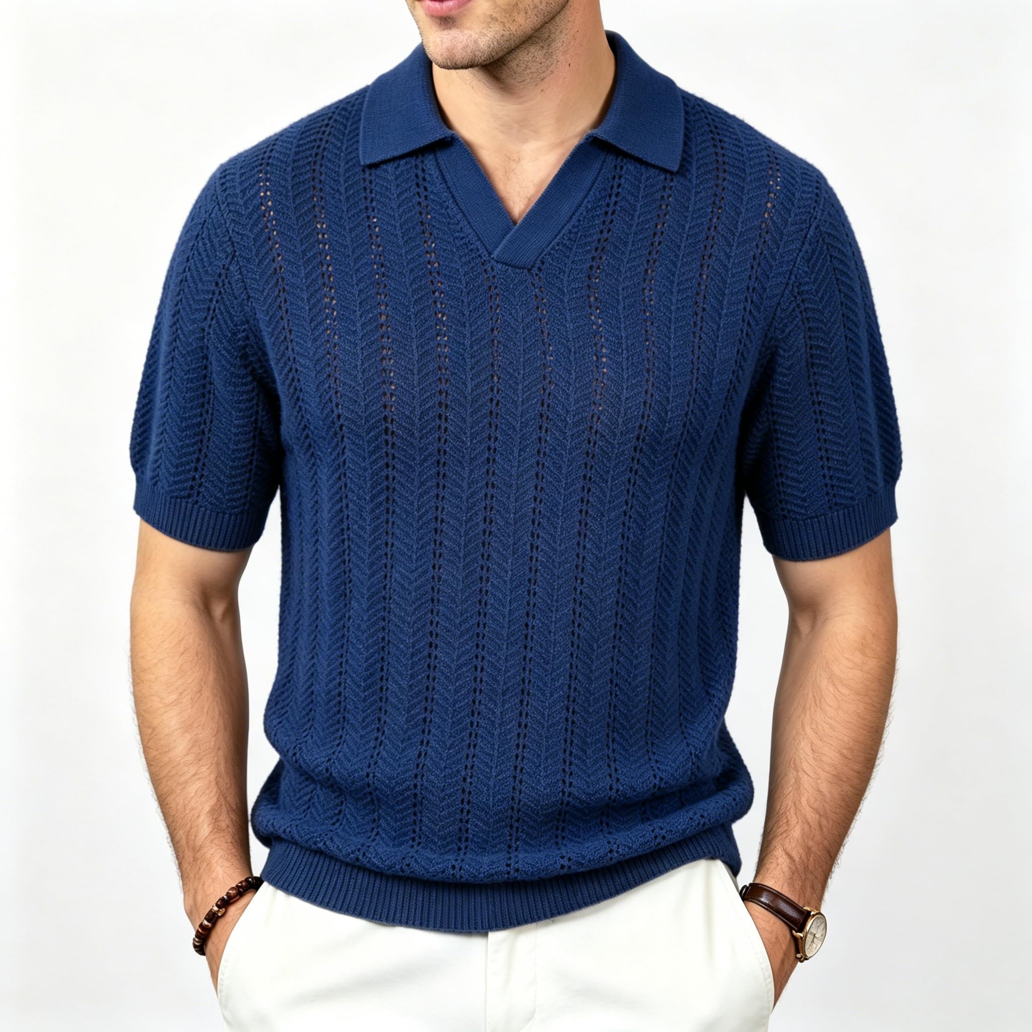 BOGARI Men's Knit Polo Shirts Short Sleeve Textured Knit V Neck Shirt Casual Ribbed Golf Sweater Summer Old Money Tops