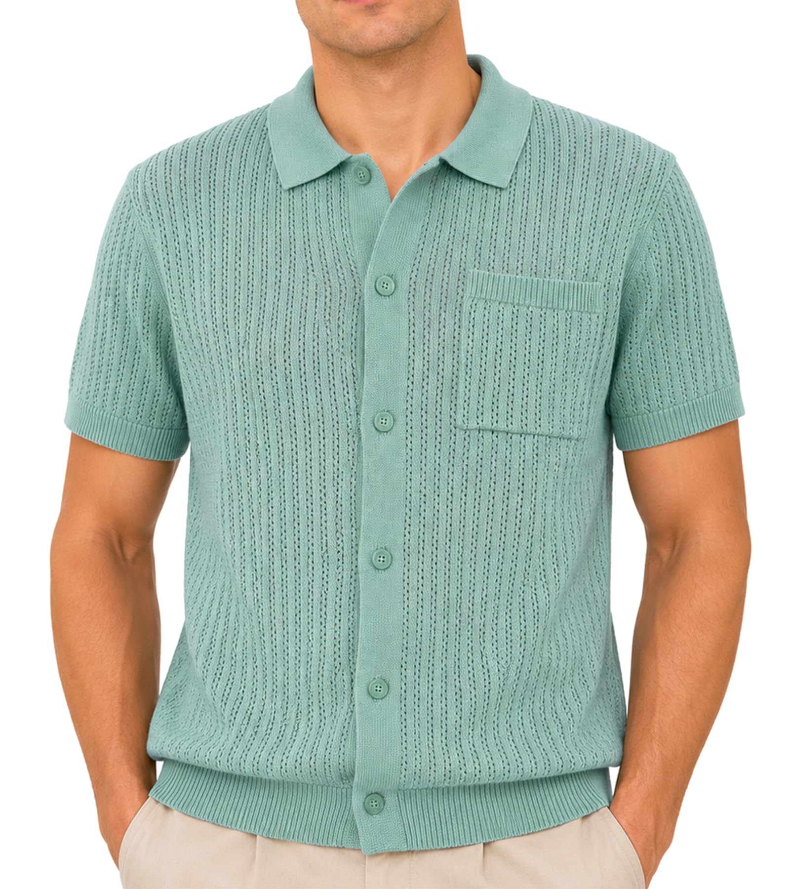 BOGARI Mens Knit Button Down Casual Polo Shirts Short Sleeve Cardigan Sweater with Pocket for Summer Golf Tops Vacation