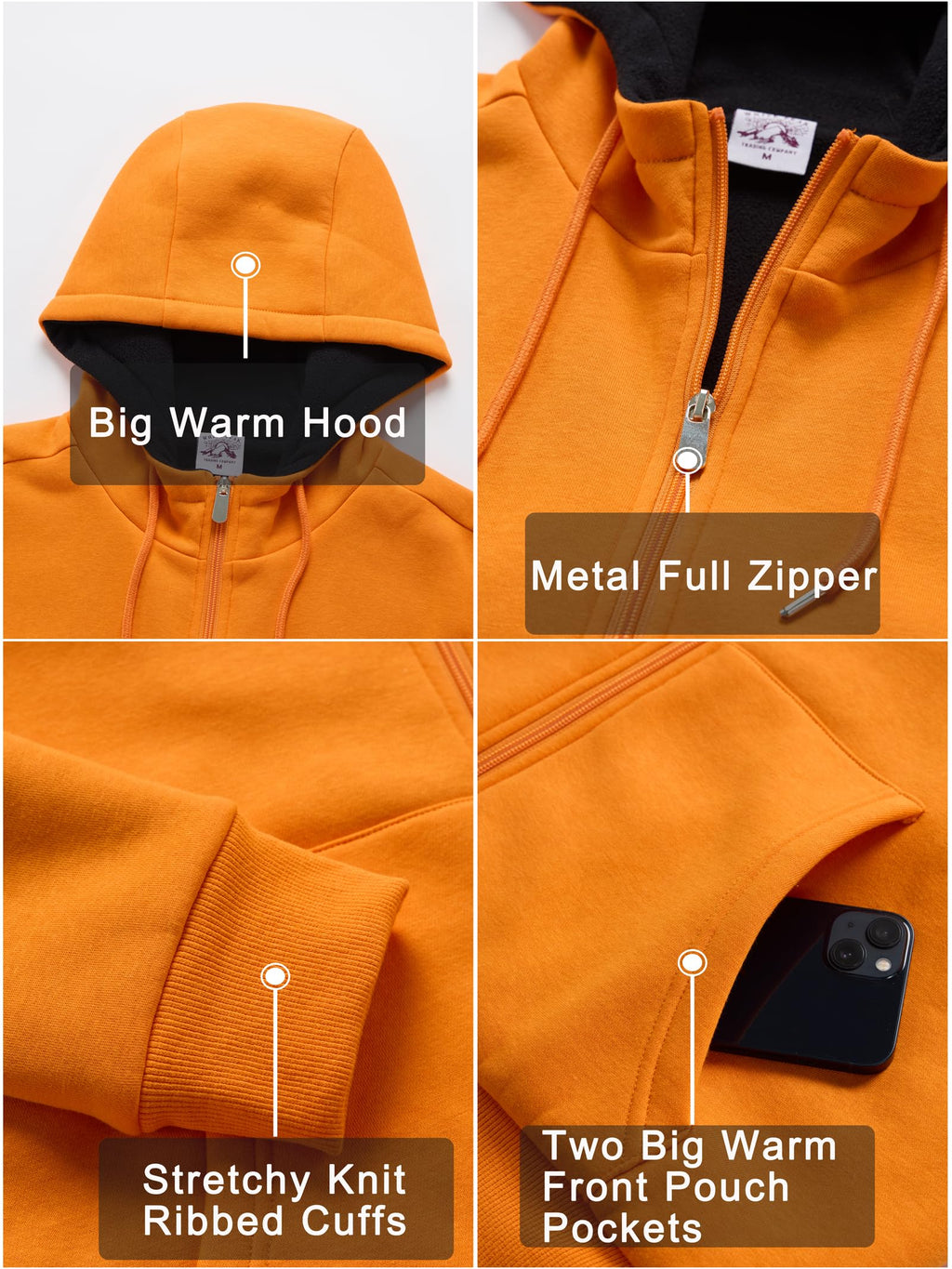 WHITE PEAK TRADING COMPANY Men's Fleece Full-zip Jacket Oversized Winter Hoodie Casual Warm Cotton Sweatshirt Outerwear