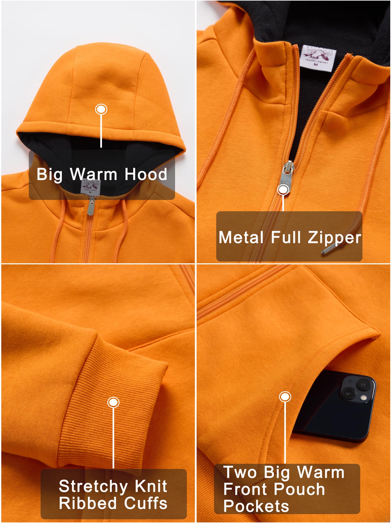 WHITE PEAK TRADING COMPANY Men's Fleece Full-zip Jacket Oversized Winter Hoodie Casual Warm Cotton Sweatshirt Outerwear