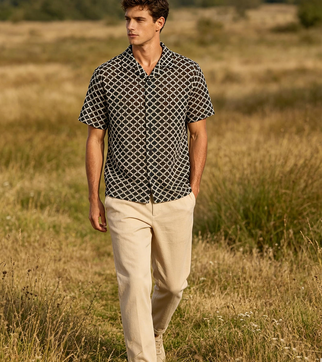 BOGARI Men Crochet Shirt Hollow Out Knit Stripe Summer Beach Button Down Sheer Lace Shirts Casual Cuban Textured Tops