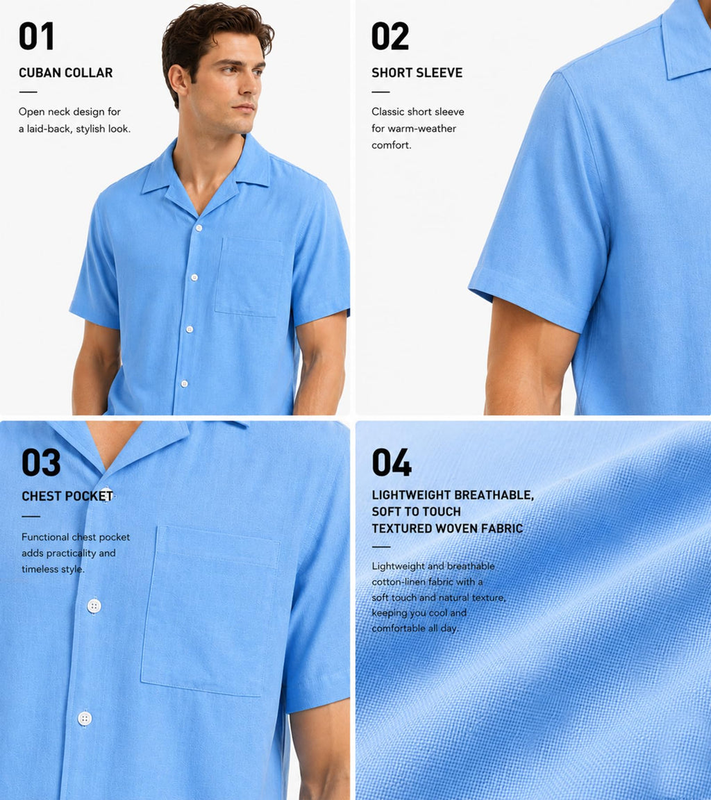 Men's Camp Collar Linen Button Down Shirt, Short Sleeve Casual Summer Beach Wedding Vacation Shirt, Relaxed Fit White
