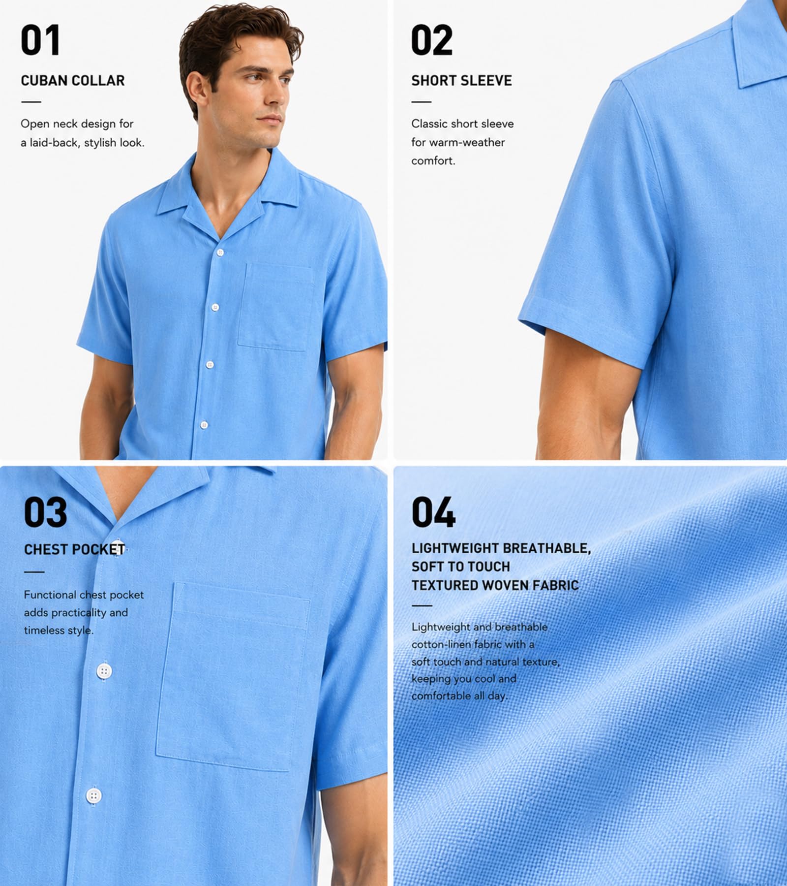 Men's Camp Collar Linen Button Down Shirt, Short Sleeve Casual Summer Beach Wedding Vacation Shirt, Relaxed Fit White