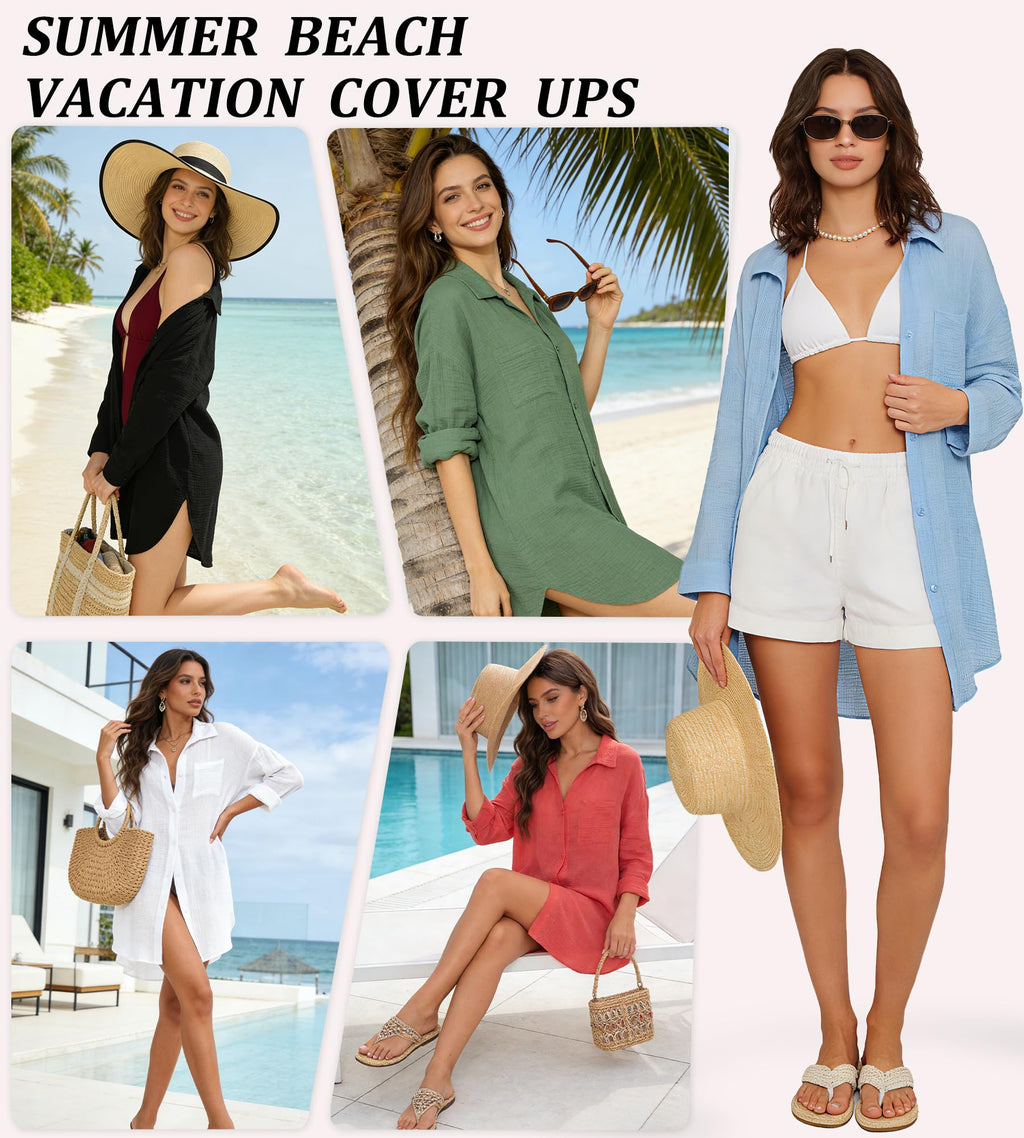 MERIDIANA 2 Pack Women's Swimsuit Cover Up 100% Cotton Beach Button Down Shirt Dress Long Sleeve Tops Bathing Suit Coverups