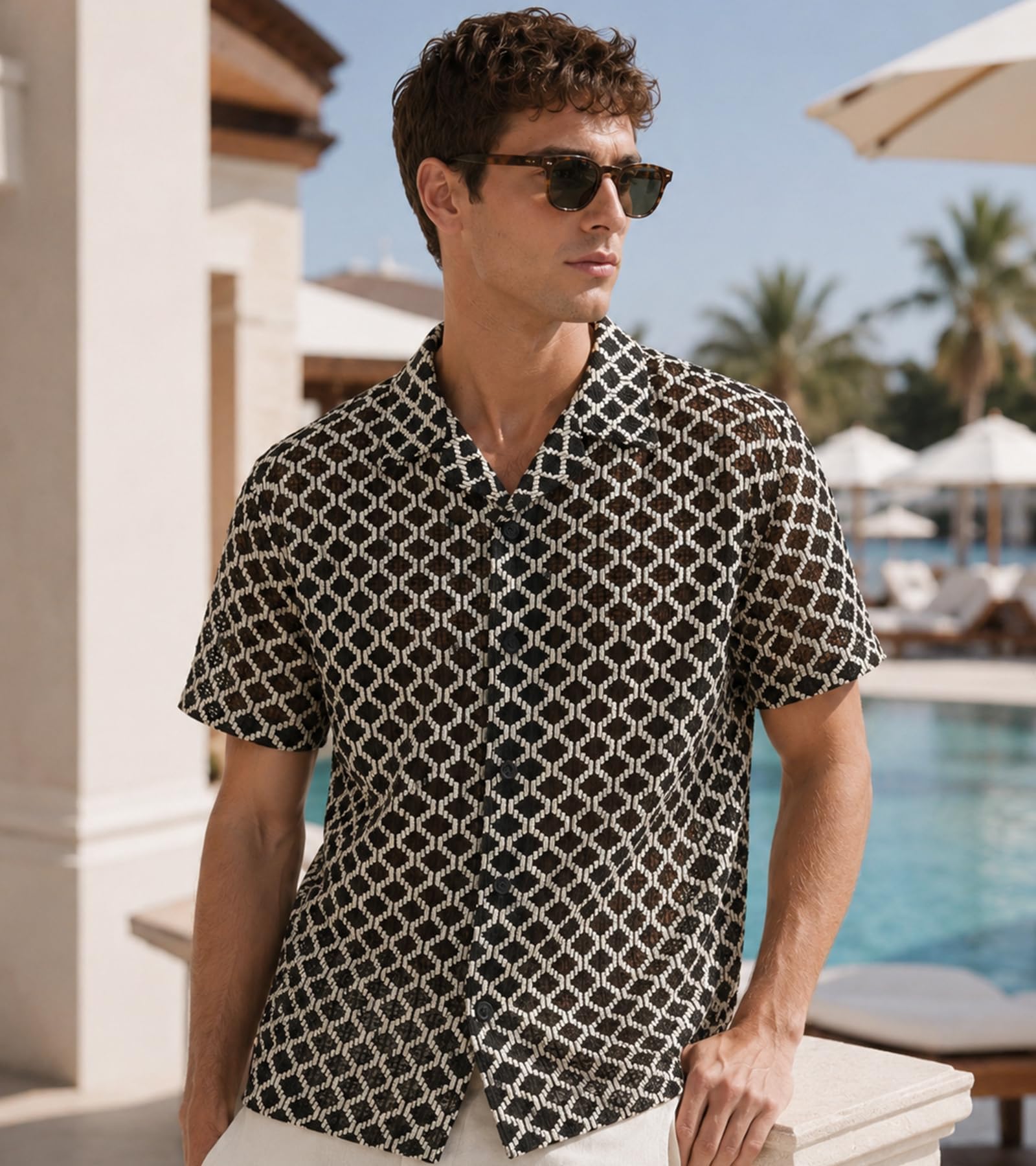 BOGARI Men Crochet Shirt Hollow Out Knit Stripe Summer Beach Button Down Sheer Lace Shirts Casual Cuban Textured Tops