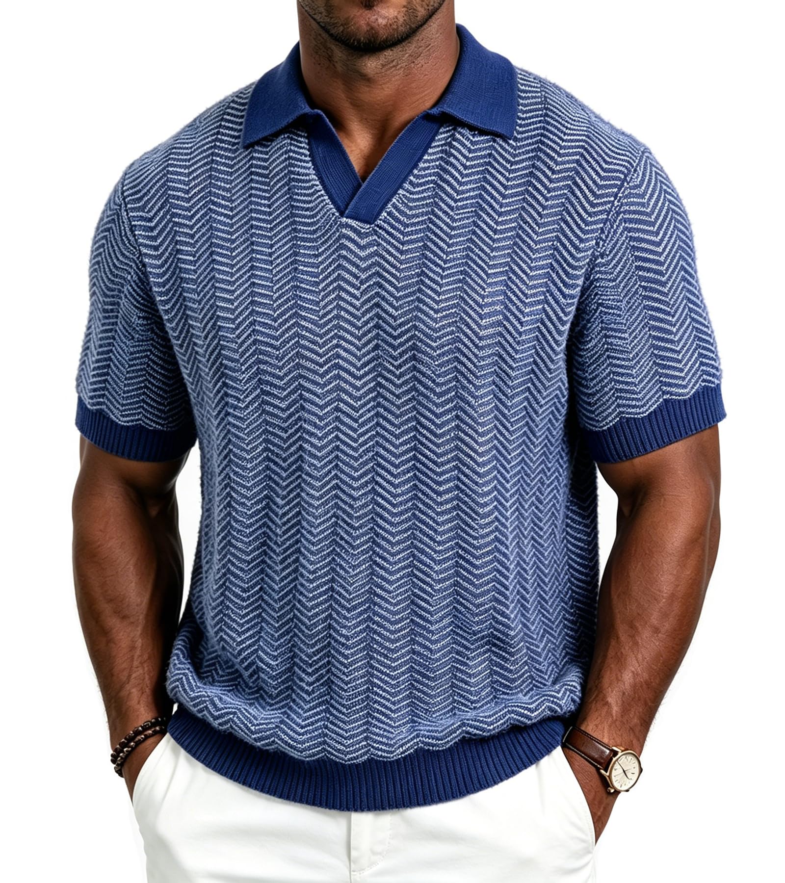 BOGARI Men's Knit Polo Shirts Short Sleeve Textured Knit V Neck Shirt Casual Ribbed Golf Sweater Summer Old Money Tops