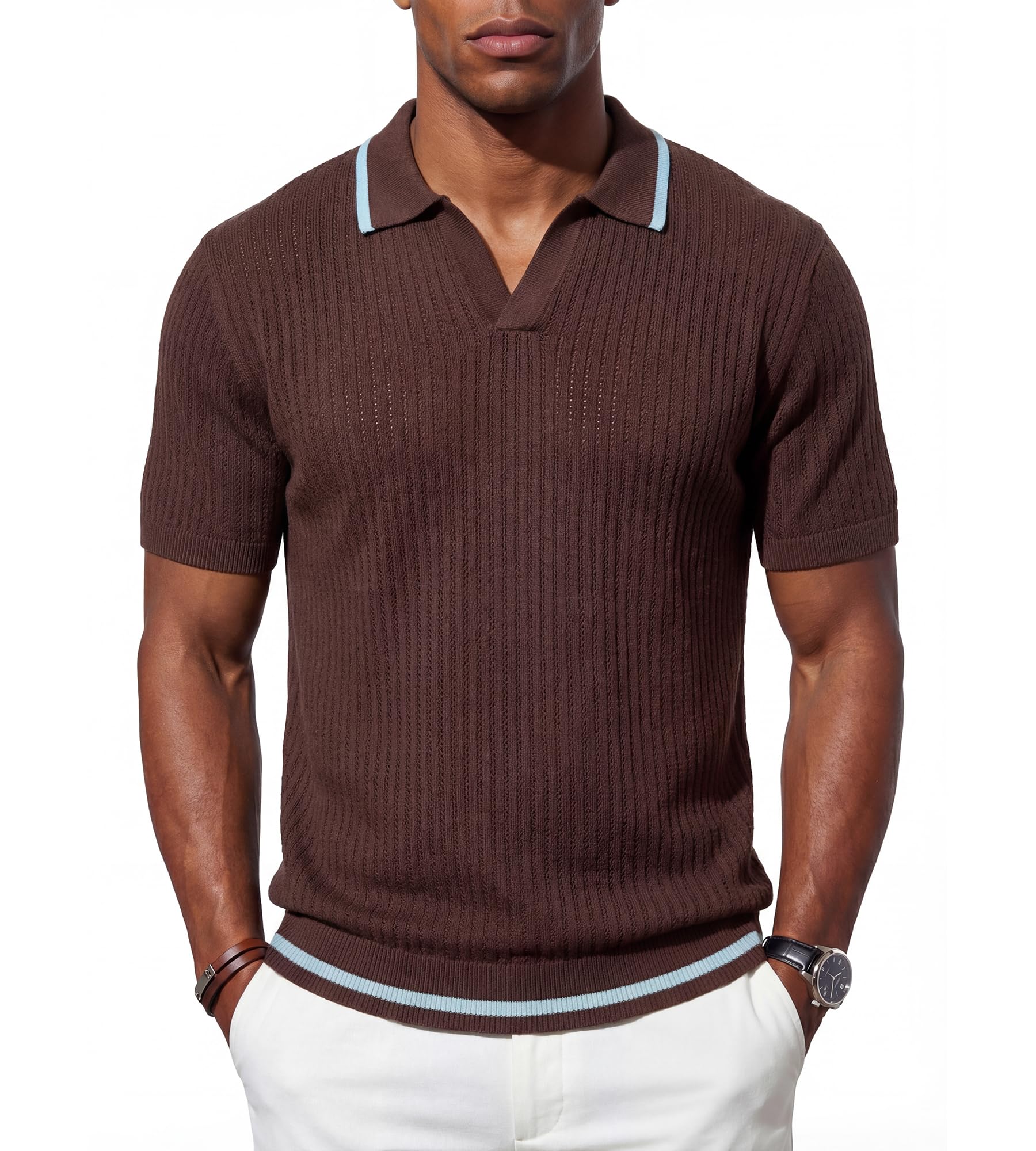 BOGARI Men's Knit Polo Shirts Short Sleeve Textured Knit V Neck Shirt Casual Ribbed Golf Sweater Summer Old Money Tops