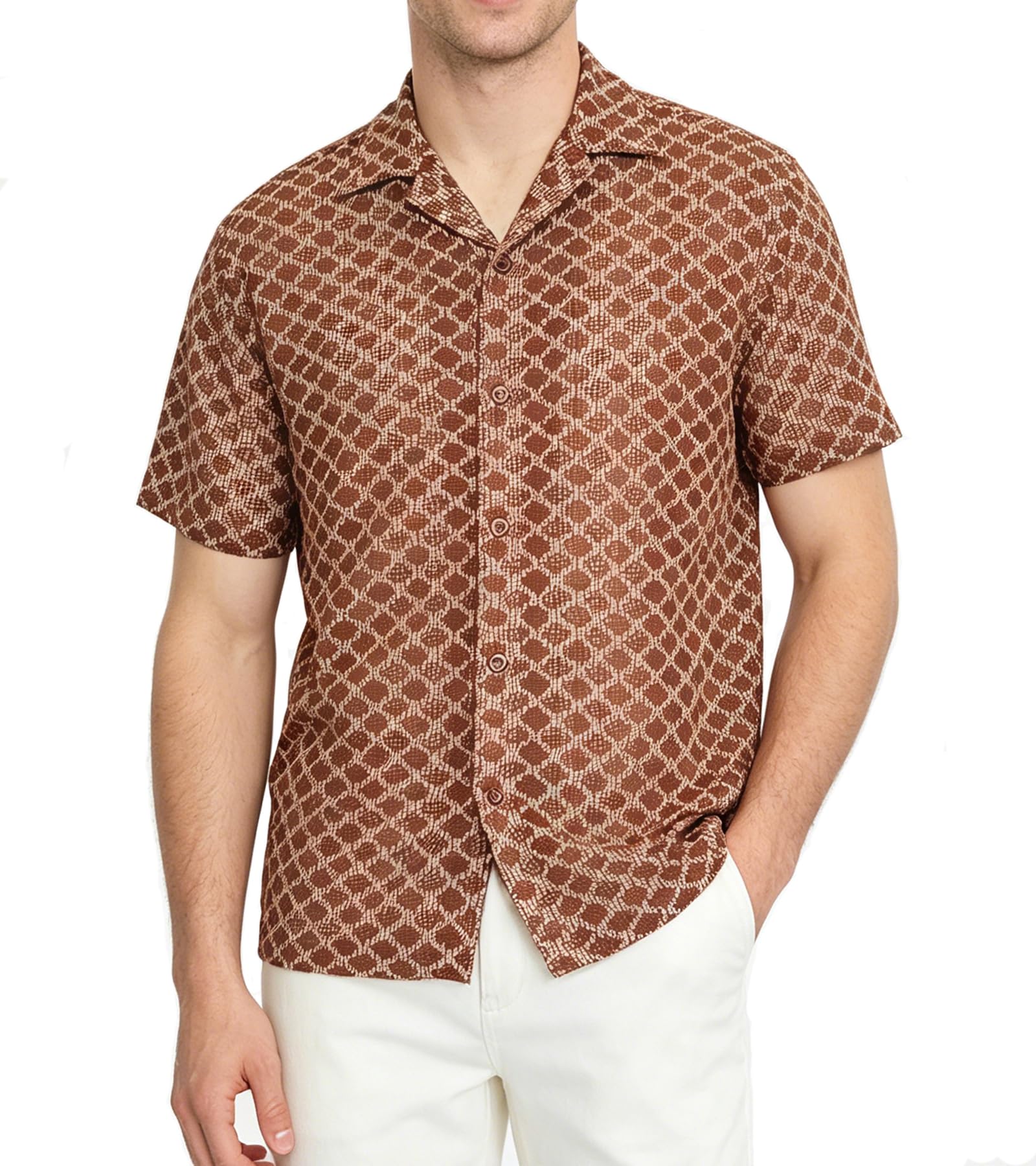 BOGARI Men Crochet Shirt Hollow Out Knit Stripe Summer Beach Button Down Sheer Lace Shirts Casual Cuban Textured Tops