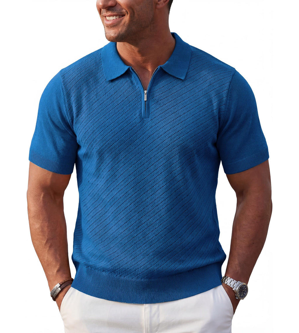 BOGARI Mens Knit Polo Shirt Short Sleeve Zipper for Summer Casual Dress Sweater Shirts Textured Ribbed Knitted Golf Tops