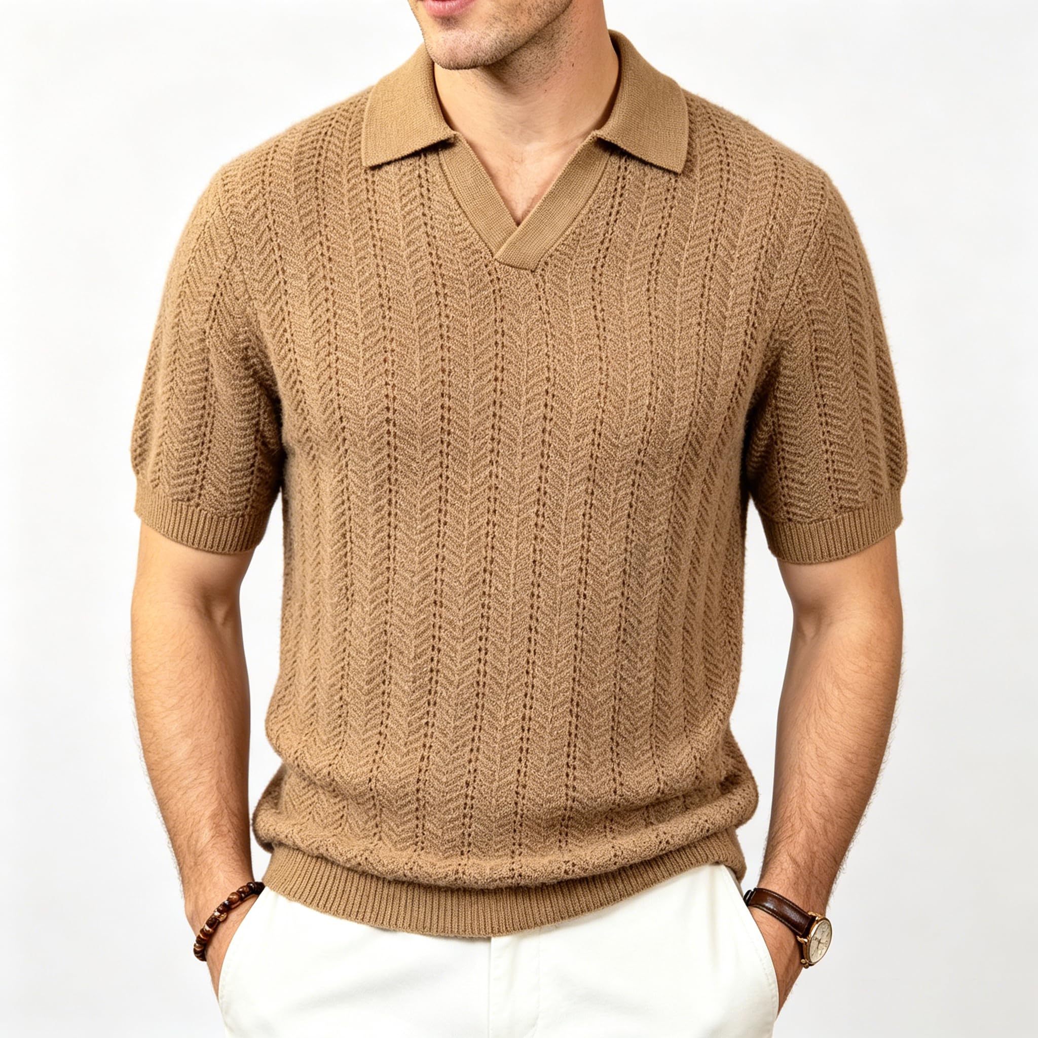 BOGARI Men's Knit Polo Shirts Short Sleeve Textured Knit V Neck Shirt Casual Ribbed Golf Sweater Summer Old Money Tops