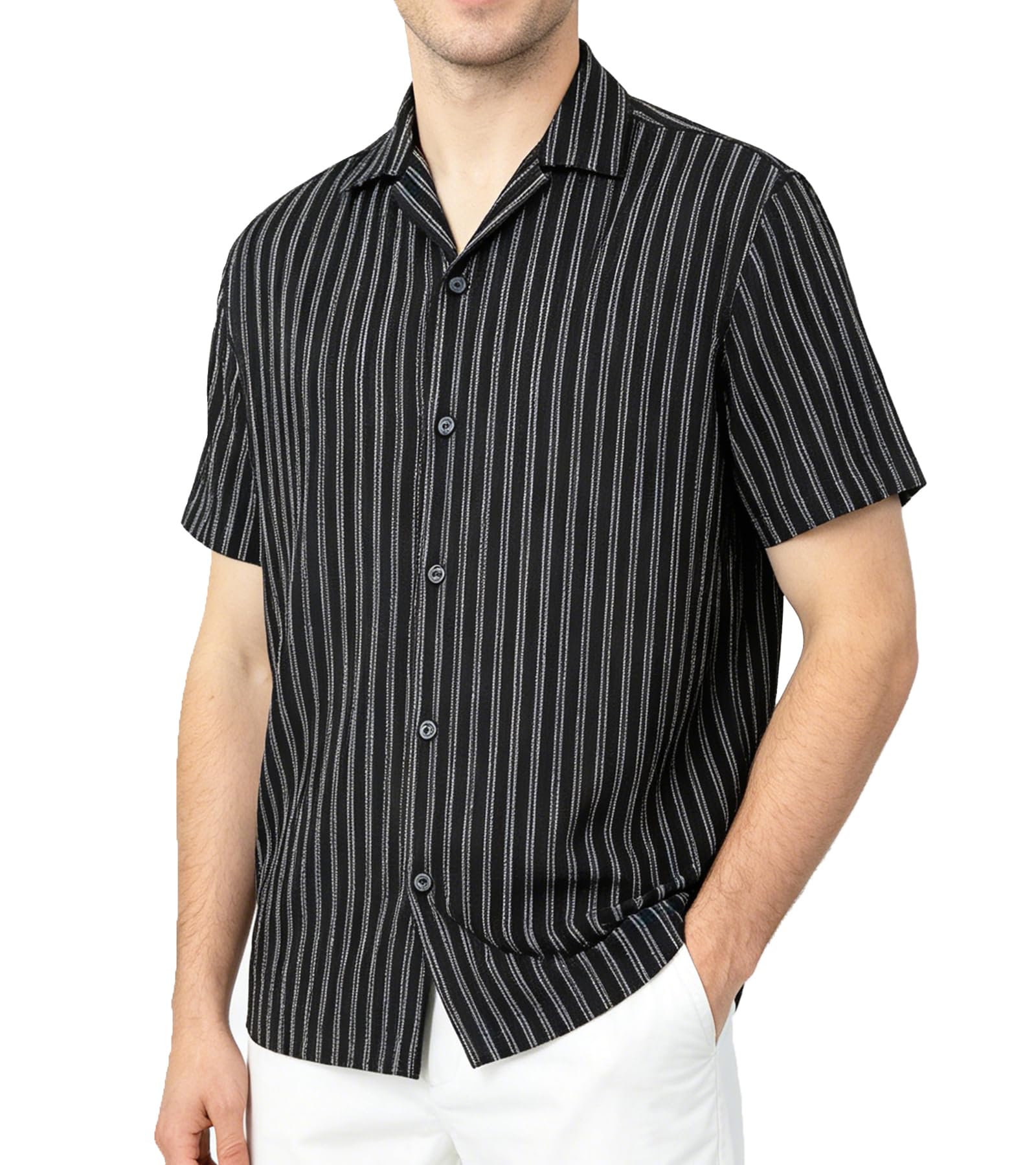 BOGARI Mens Summer Striped Shirts Button Down Knit Short Sleeve Textured Vacation Beach Casual Cuban Shirts with Pocket