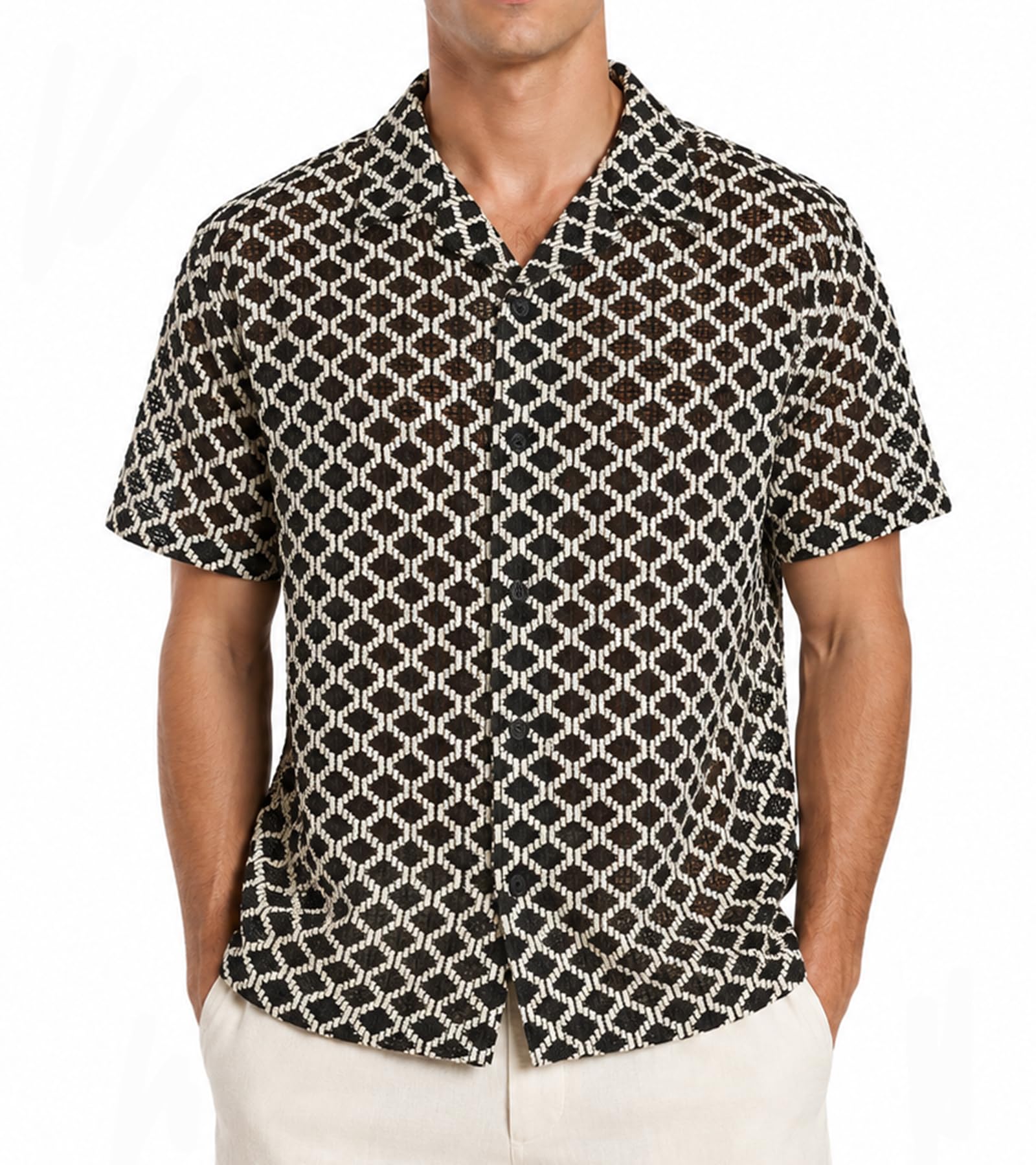 BOGARI Men Crochet Shirt Hollow Out Knit Stripe Summer Beach Button Down Sheer Lace Shirts Casual Cuban Textured Tops