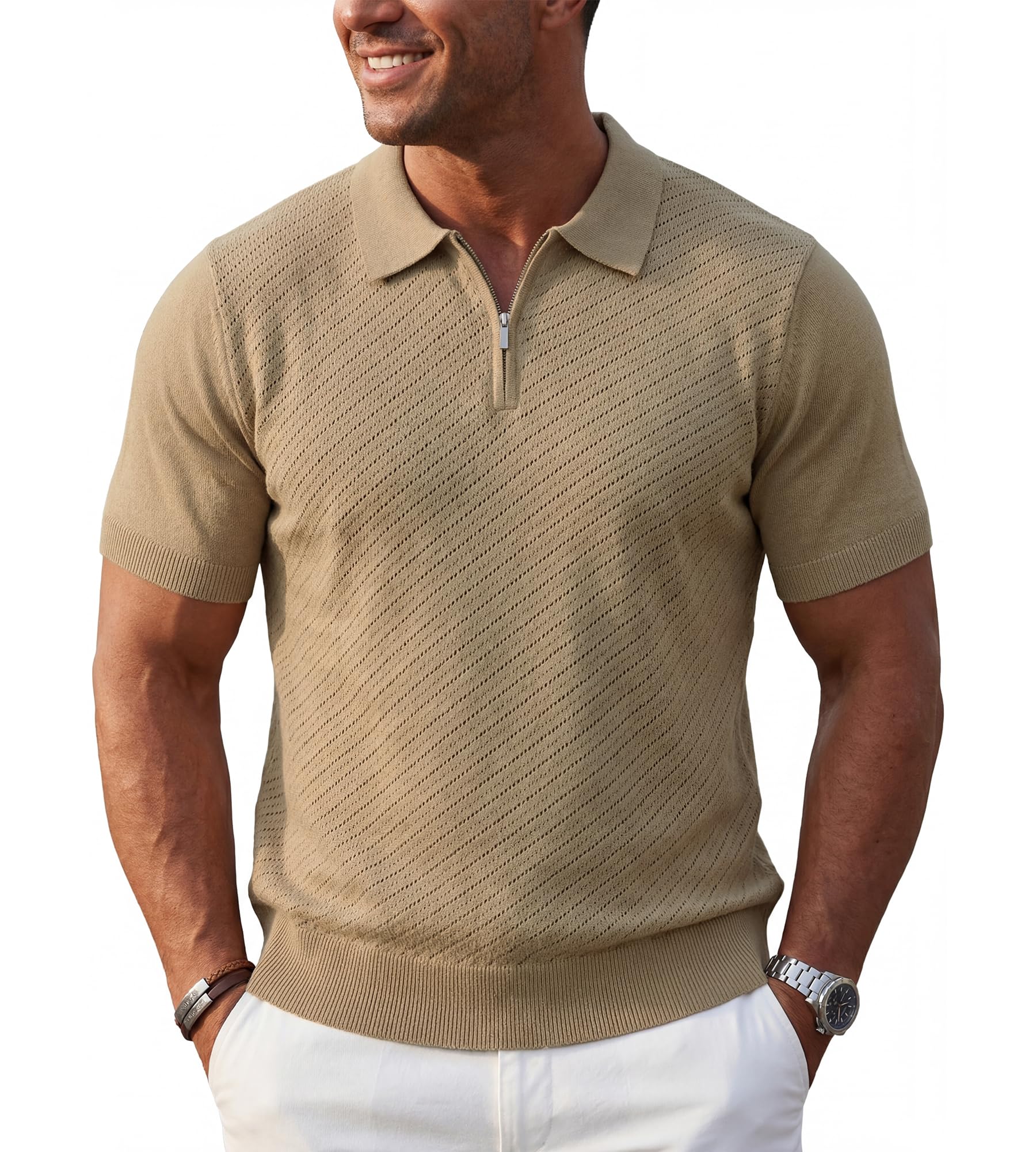 BOGARI Mens Knit Polo Shirt Short Sleeve Zipper for Summer Casual Dress Sweater Shirts Textured Ribbed Knitted Golf Tops