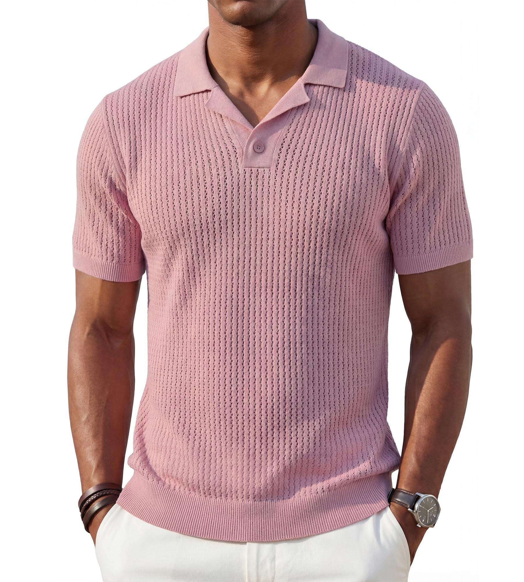 BOGARI Men's Knit Polo Shirts Short Sleeve Textured Knit V Neck Shirt Casual Ribbed Golf Sweater Summer Old Money Tops