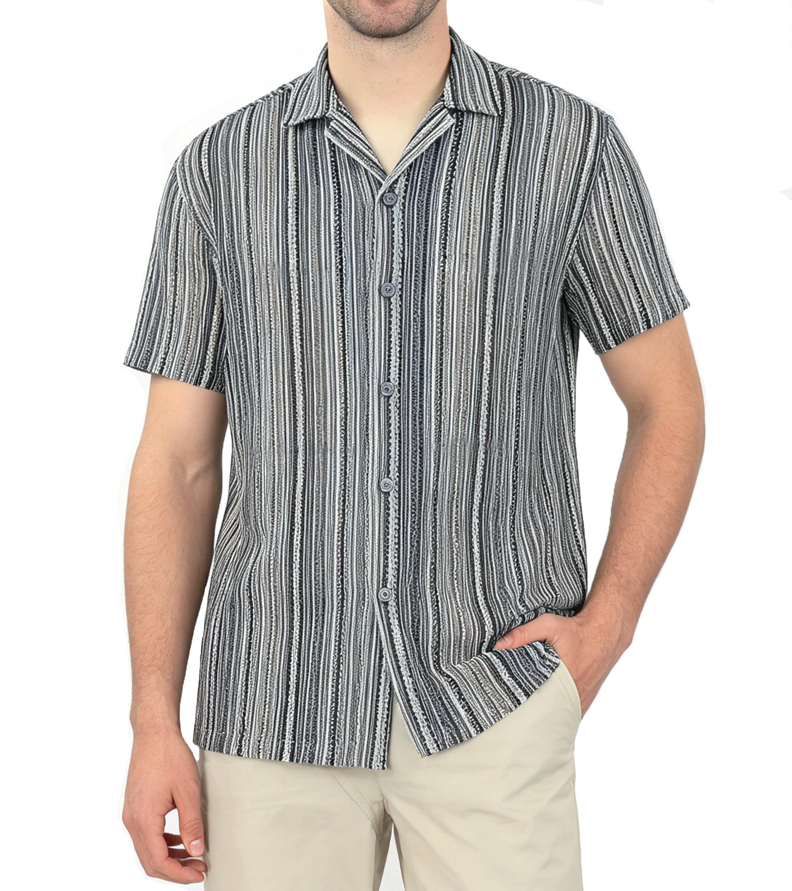 BOGARI Men Crochet Shirt Hollow Out Knit Stripe Summer Beach Button Down Sheer Lace Shirts Casual Cuban Textured Tops