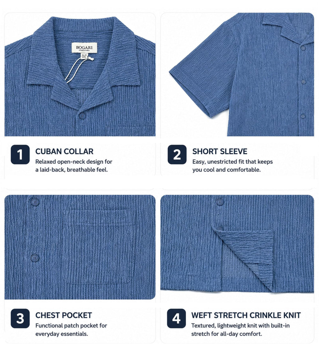 BOGARI Mens Summer Striped Shirts Button Down Knit Short Sleeve Textured Vacation Beach Casual Cuban Shirts with Pocket