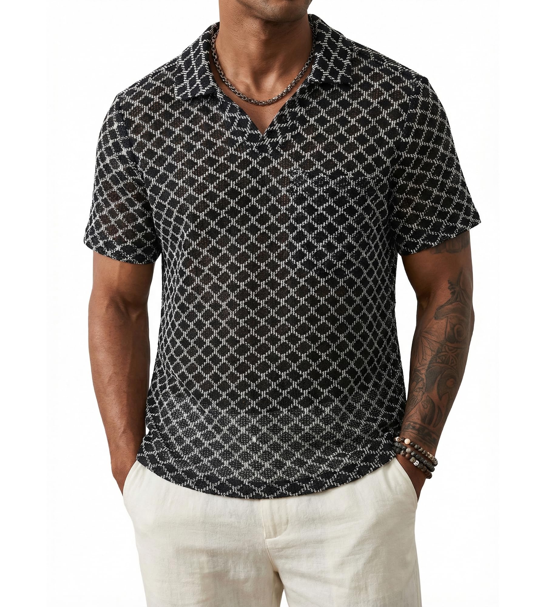 BOGARI Men Crochet Shirt Hollow Out Knit Stripe Summer Beach Button Down Sheer Lace Shirts Casual Cuban Textured Tops