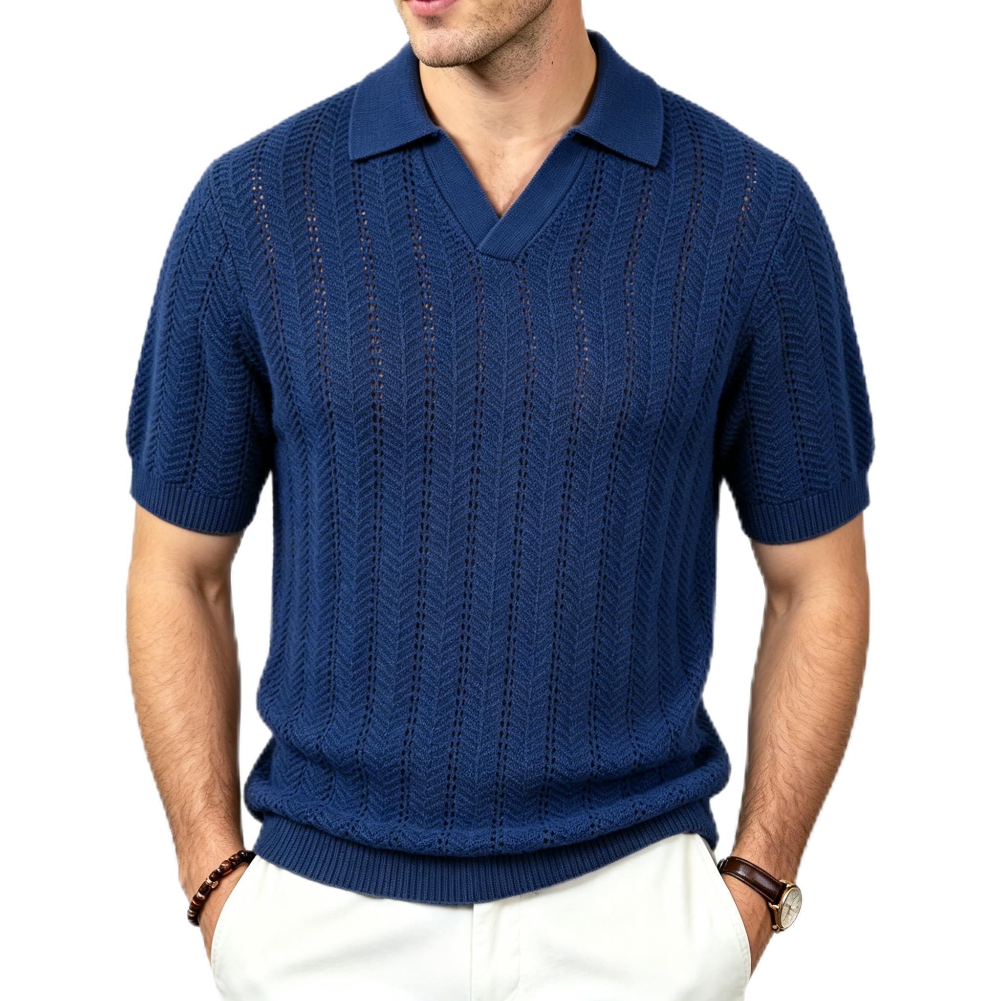 BOGARI Men's Knit Polo Shirts Short Sleeve Textured Knit V Neck Shirt Casual Ribbed Golf Sweater Summer Old Money Tops