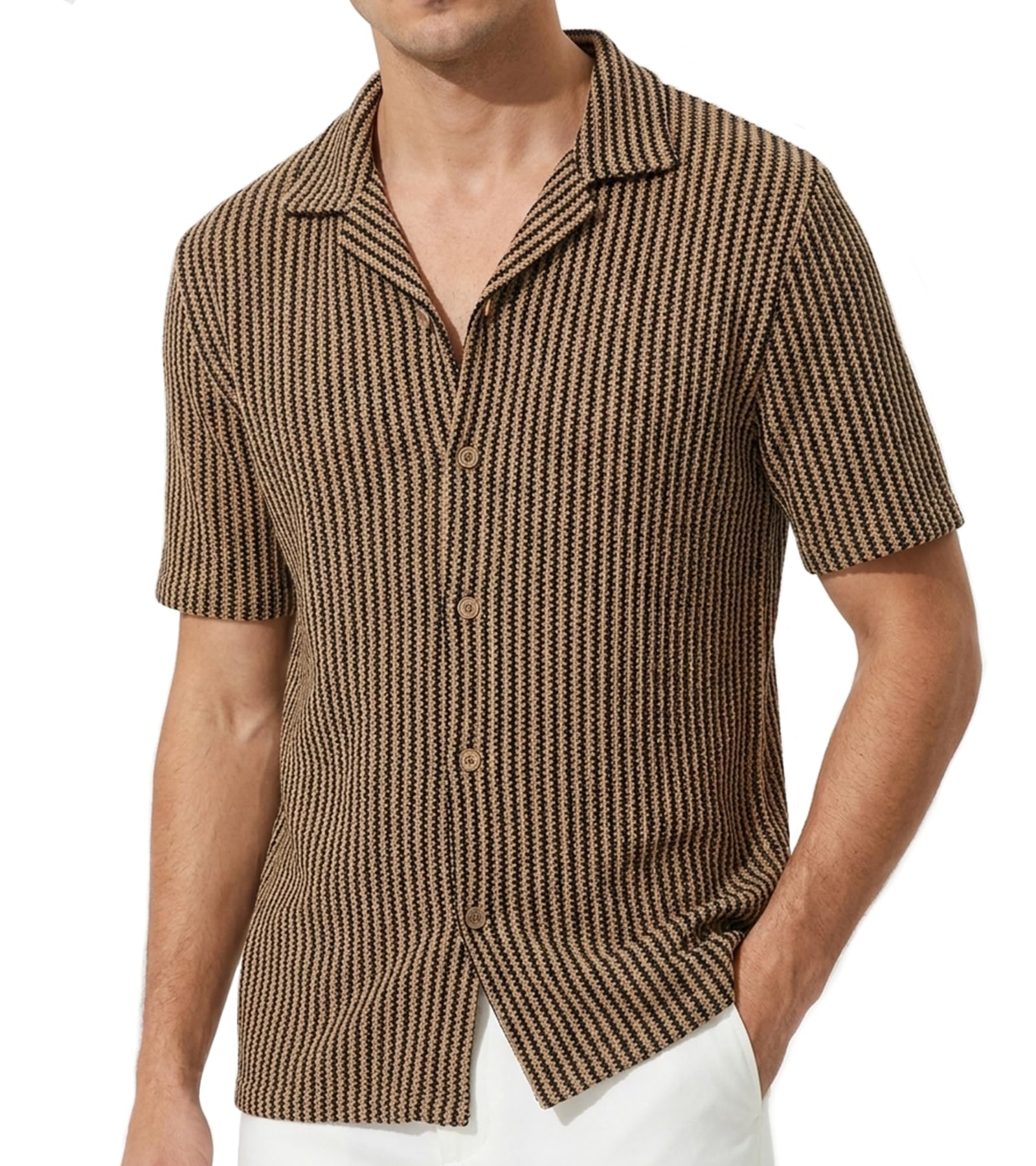 BOGARI Mens Summer Striped Shirts Button Down Knit Short Sleeve Textured Vacation Beach Casual Cuban Shirts with Pocket