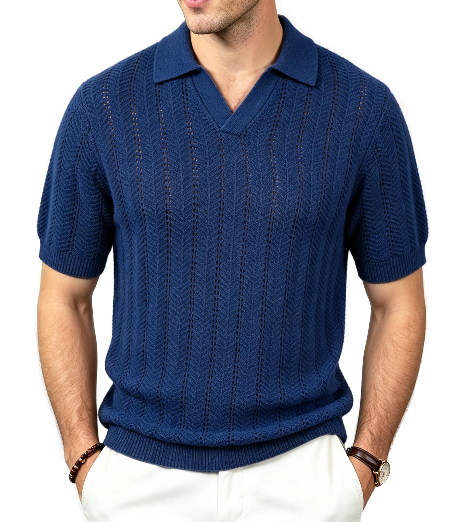 BOGARI Men's Knit Polo Shirts Short Sleeve Textured Knit V Neck Shirt Casual Ribbed Golf Sweater Summer Old Money Tops