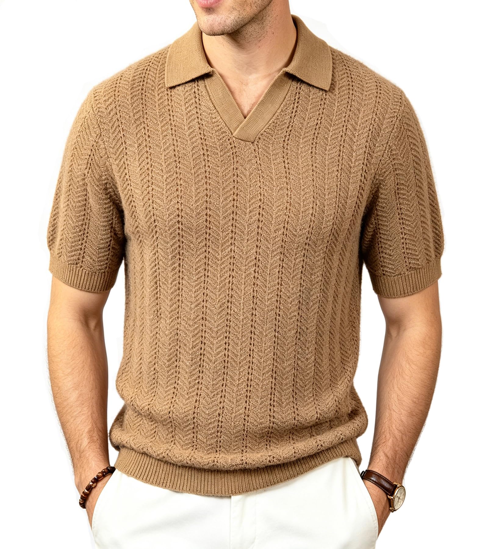 BOGARI Men's Knit Polo Shirts Short Sleeve Textured Knit V Neck Shirt Casual Ribbed Golf Sweater Summer Old Money Tops