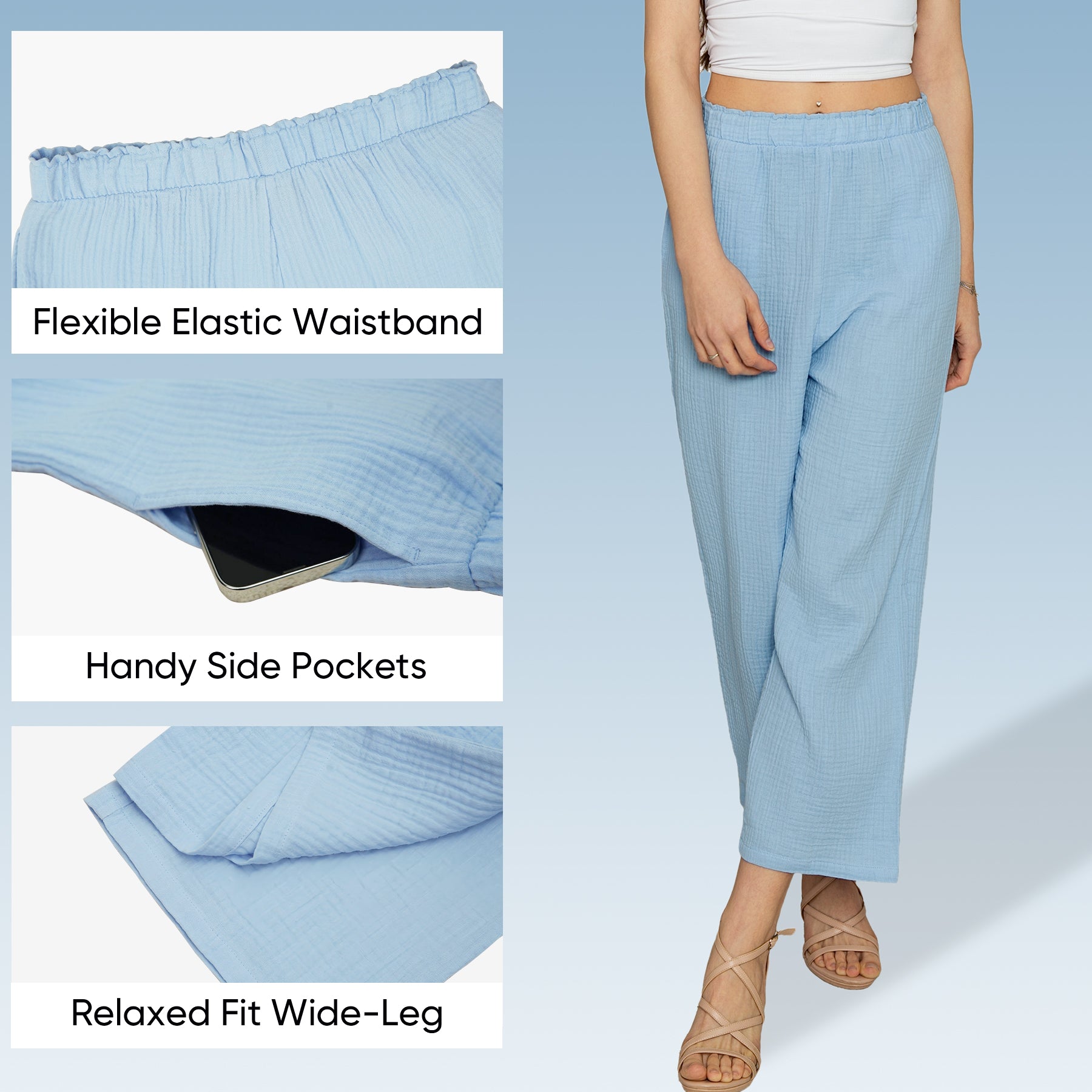 MERIDIANA Women's 2 Pack Wide Leg Cotton Seersucker Pants Summer Casual Beach Palazzo Trousers with Pockets Travel Vacation