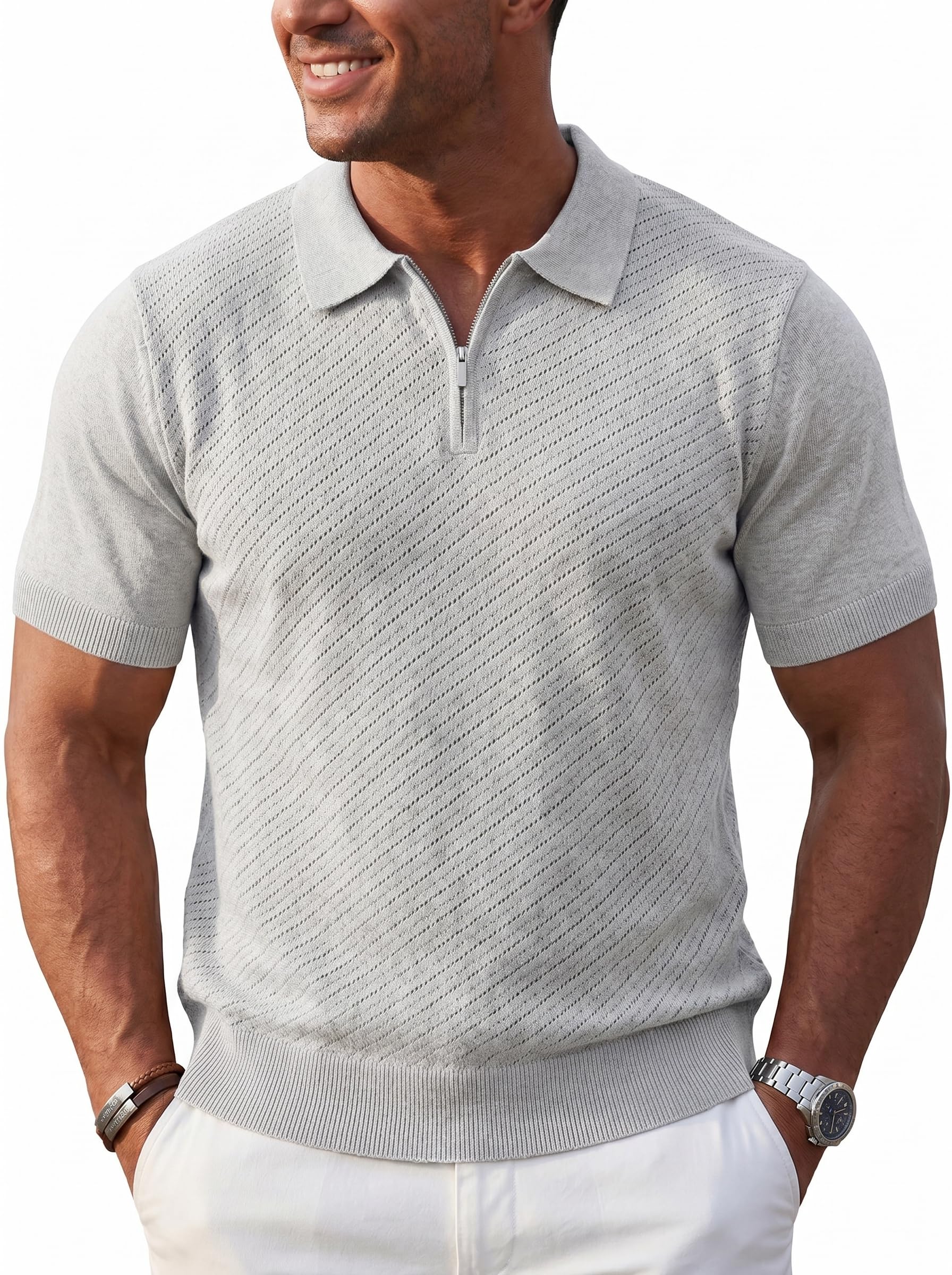 BOGARI Mens Knit Polo Shirt Short Sleeve Zipper for Summer Casual Dress Sweater Shirts Textured Ribbed Knitted Golf Tops