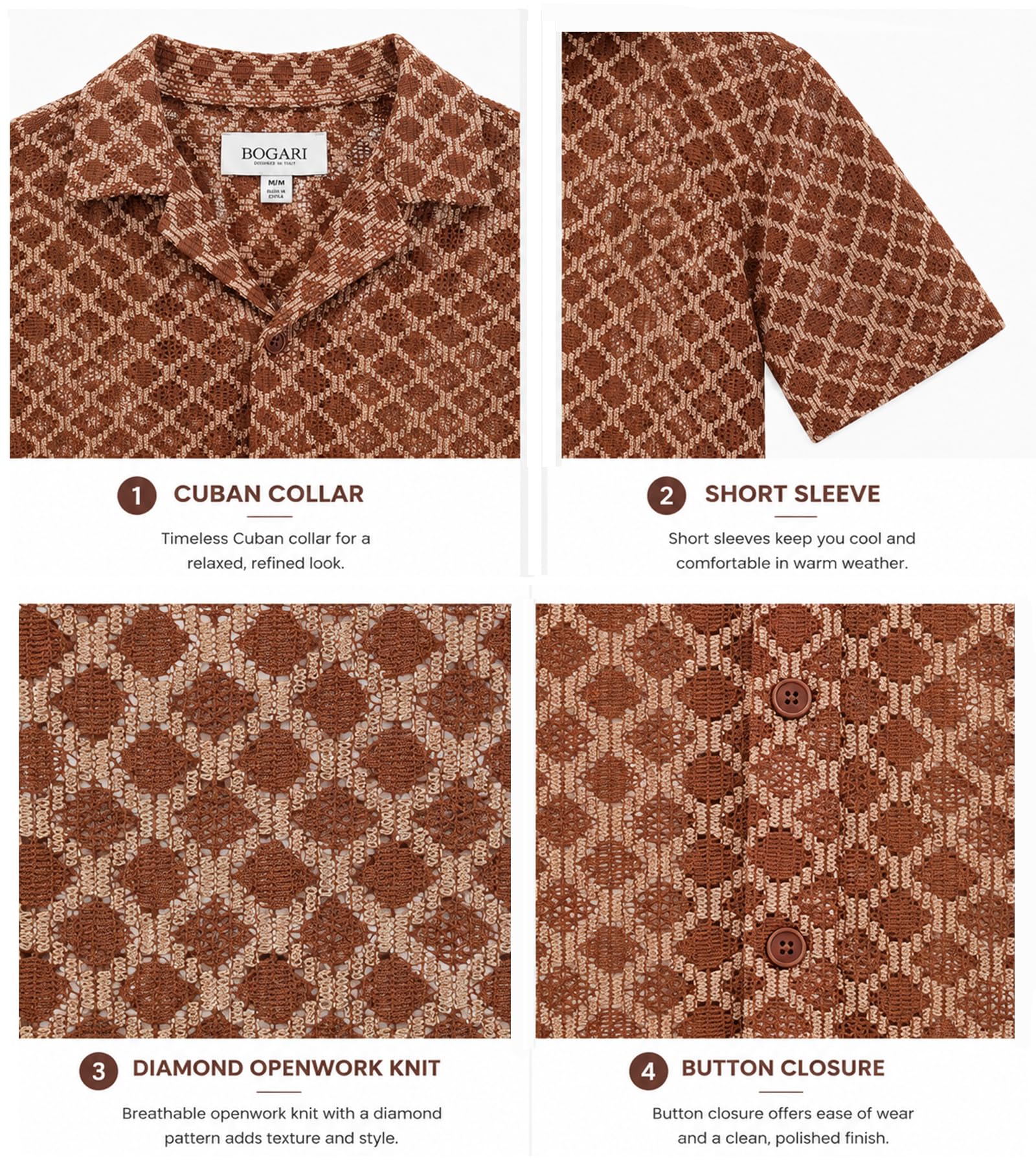 BOGARI Men Crochet Shirt Hollow Out Knit Stripe Summer Beach Button Down Sheer Lace Shirts Casual Cuban Textured Tops