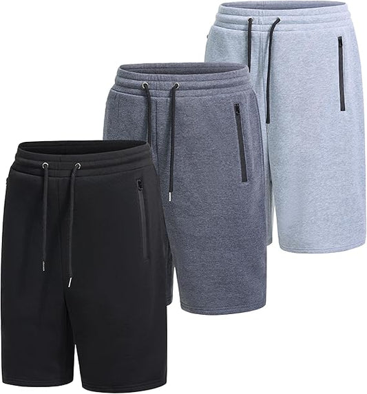 WHITE PEAK TRADING COMPANY 3 Pack Mens Fleece Shorts Casual Gym Shorts for Mens with Zipper Pockets Drawstring