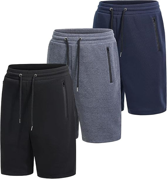 WHITE PEAK TRADING COMPANY 3 Pack Mens Fleece Shorts Casual Gym Shorts for Mens with Zipper Pockets Drawstring