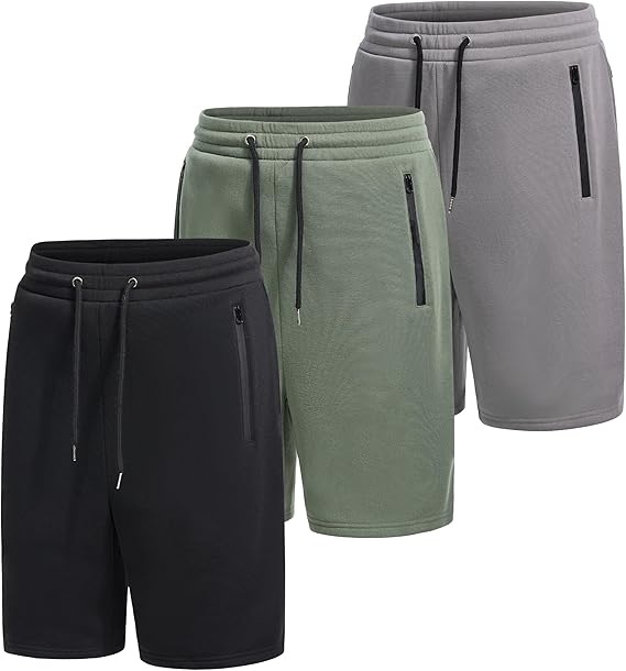 WHITE PEAK TRADING COMPANY 3 Pack Mens Fleece Shorts Casual Gym Shorts for Mens with Zipper Pockets Drawstring