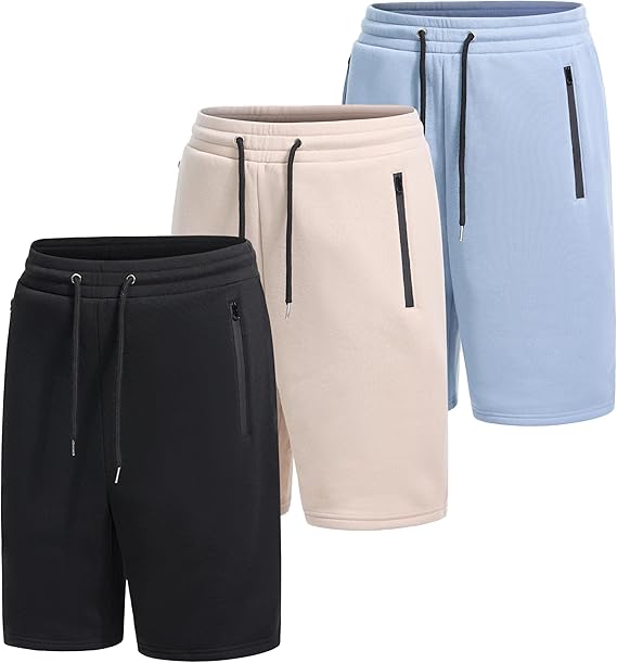 WHITE PEAK TRADING COMPANY 3 Pack Mens Fleece Shorts Casual Gym Shorts for Mens with Zipper Pockets Drawstring