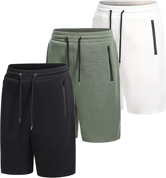 WHITE PEAK TRADING COMPANY 3 Pack Mens Fleece Shorts Casual Gym Shorts for Mens with Zipper Pockets Drawstring