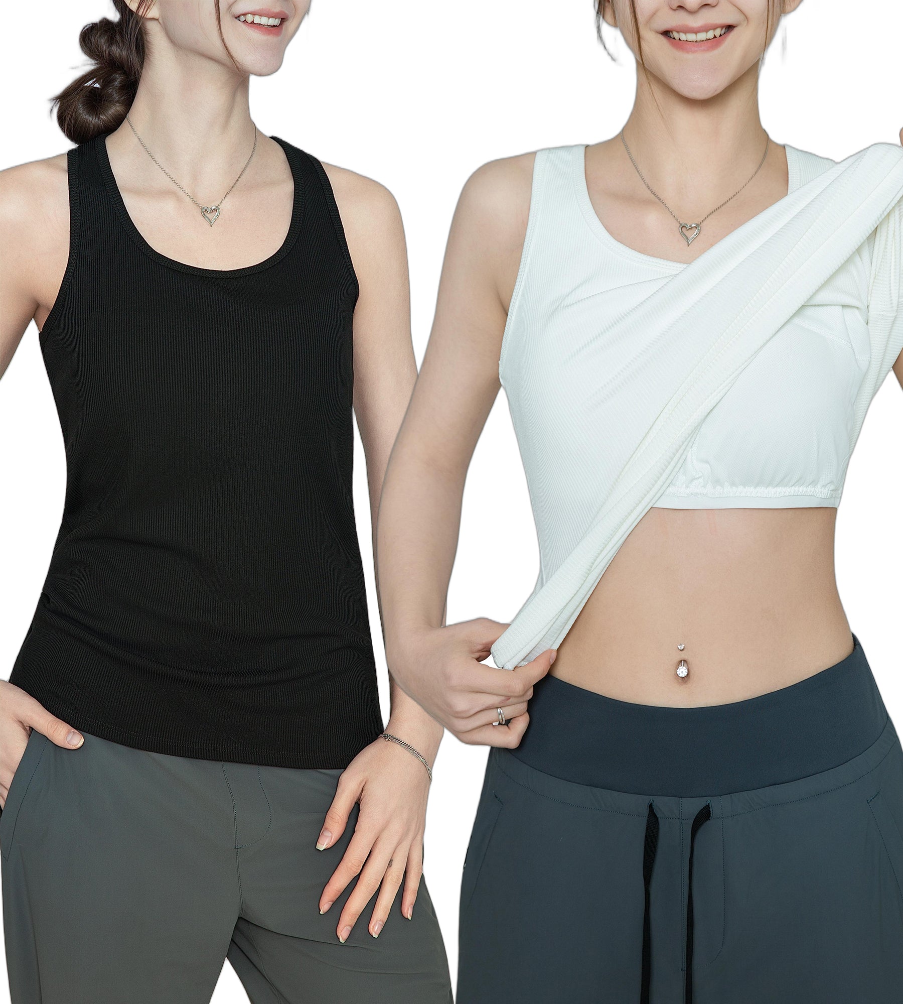 MERIDIANA 2-Pack Women's Tank Tops with Removable Build-in Shelf Bra Ribbed Sleeveless Soft Casual Cami Shirts Daily Wear