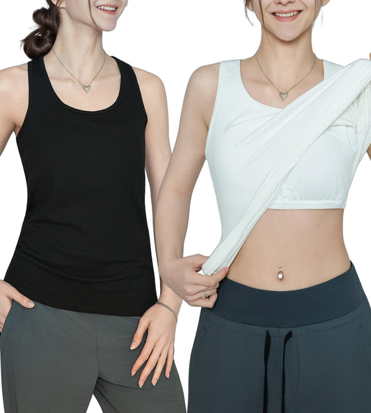 MERIDIANA 2-Pack Women's Tank Tops with Removable Build-in Shelf Bra Ribbed Sleeveless Soft Casual Cami Shirts Daily Wear