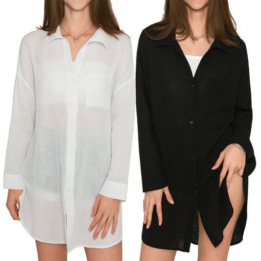 MERIDIANA 2 Pack Women's Swimsuit Cover Up 100% Cotton Beach Button Down Shirt Dress Long Sleeve Tops Bathing Suit Coverups
